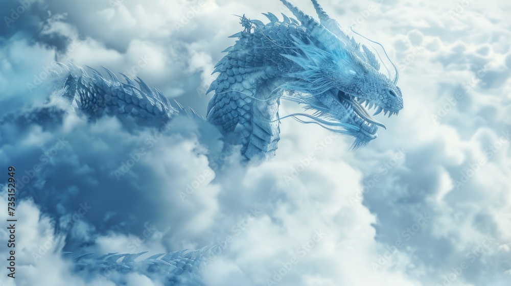 Poster a majestic blue dragon soaring through the clouds on a cloudy day. perfect for fantasy and mythical 