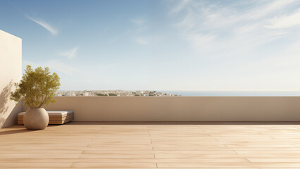 Outdoor minimal roof terrace with seat and tree decoration