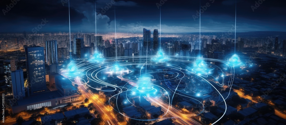 Poster smart city 5g online communication network wireless systems connection concept fifth innovative gene