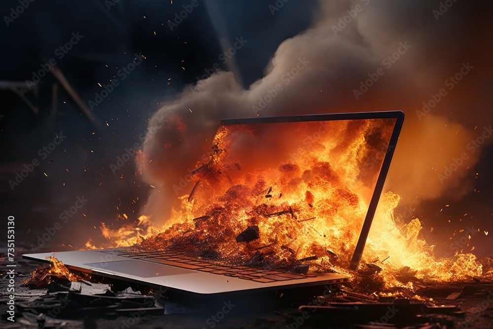 Poster a laptop engulfed in flames in the darkness of the night. this image can be used to depict a technol