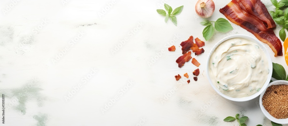 Aufkleber Rolls of fried bacon and mashed potatoes and basil on a plate on the table Top view Web banner. Creative Banner. Copyspace image