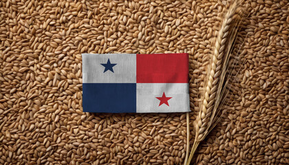 Grains wheat with Panama flag, trade export and economy concept. Top view.