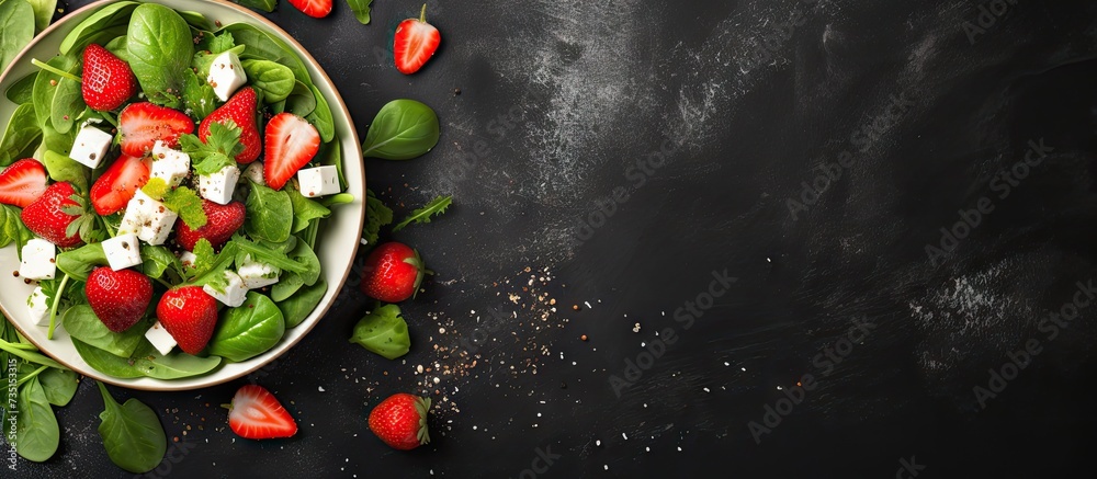 Poster strawberry spinach cucumber feta cheese salad top view copy space flat lay. creative banner. copyspa