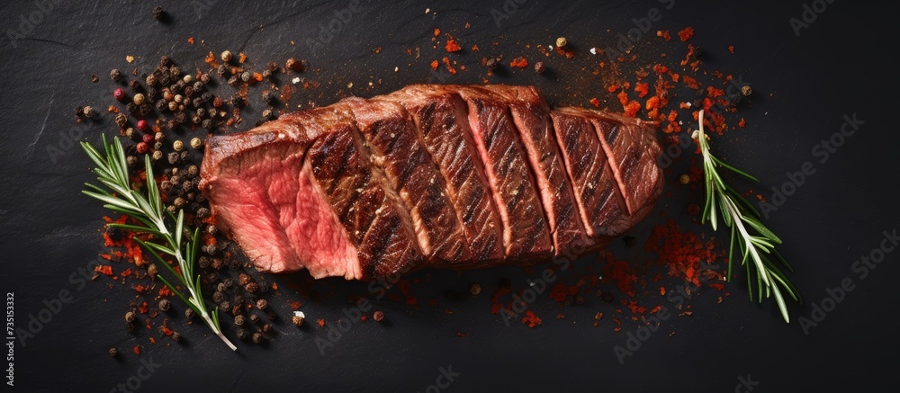 Poster steak ribeye black angus medium rare beef with spice vertical image top view place for text. creativ