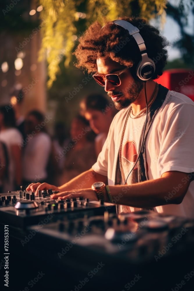 Aufkleber a man wearing headphones is playing a dj set. this image can be used to depict a dj at a party or ev