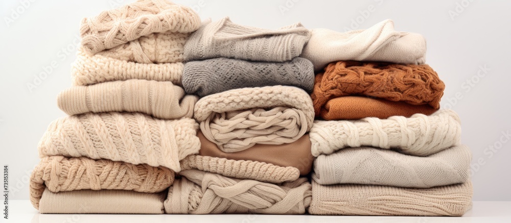Aufkleber pile of beige woolen clothes on a white background warm knitted sweaters and scarfs are folded in on