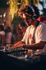 A man wearing headphones is playing a DJ set. This image can be used to depict a DJ at a party or...