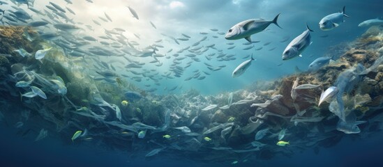 team of volunteers research fish by pulling trash out of its mouth impact of plastic pollution in...