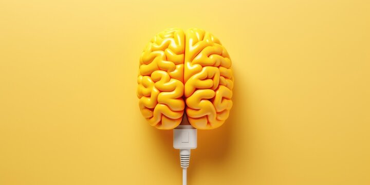 A yellow brain connected to a yellow wall. Suitable for illustrating concepts of creativity, innovation, and connectivity