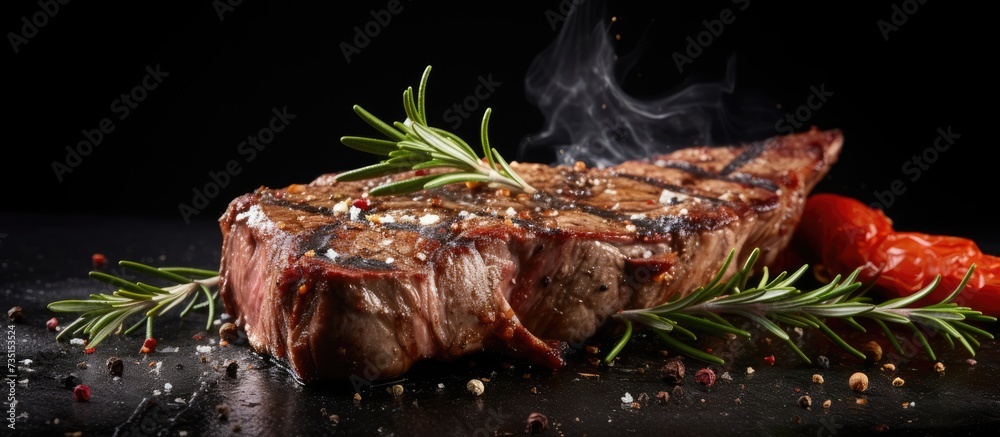 Canvas Prints succulent thick grilled beef steak trimmed for fat for a healthy diet on a griddle with a sprig of f