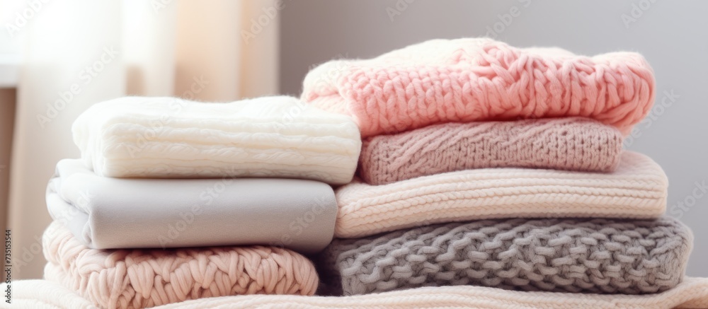 Poster pile of various woolen knitted blankets sweaters in pastel colors folded on a small round table on n