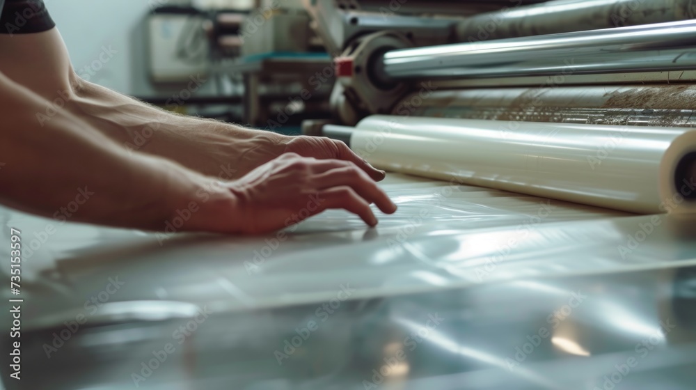 Poster A man is seen working on a roll of paper. This image can be used to depict various professions such as an artist, architect, engineer, or designer.
