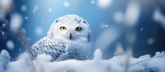 Fototapeta premium Snowy owl Bubo scandiacus perched in snow during snowfall Arctic owl with open beak while hooting song Beautiful white polar bird with yellow eyes Winter in wild nature habitat. Creative Banner