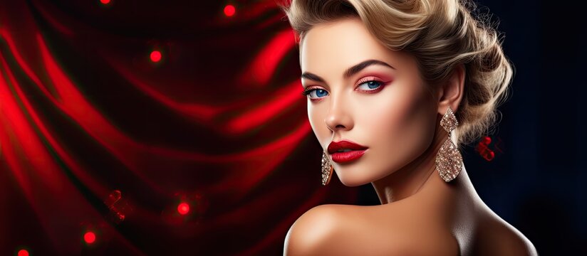 Photo of beautiful luxury lady advertising bright bijouterie ruby outfit evening maquillage. Creative Banner. Copyspace image