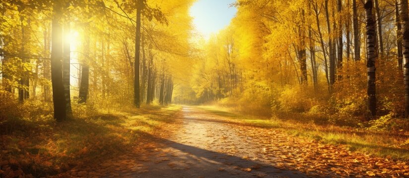Path in the autumn forest Autumn forest path Autumn forest in sunny day Forest path in autumn day. Creative Banner. Copyspace image