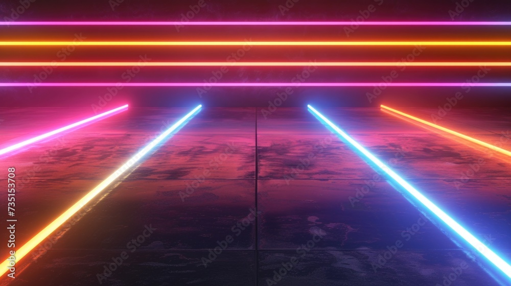 Poster neon lights illuminating a dark room. perfect for adding a vibrant and colorful atmosphere to any de