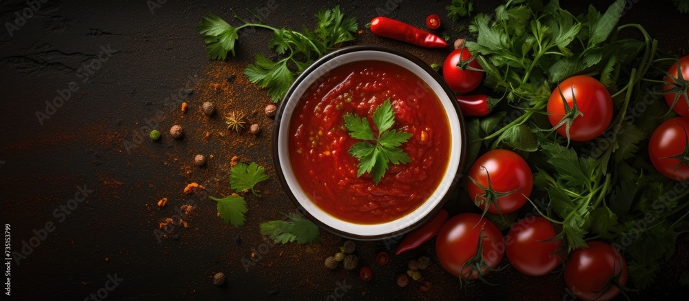 Aufkleber tomato ketchup sauce in a bowl with spices herbs and cherry tomatoes view from above. creative banne