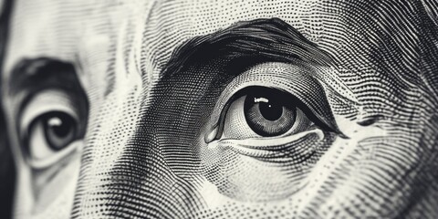 Close-up view of a person's eye on a dollar bill. Can be used to represent finance, money, wealth, or surveillance. - obrazy, fototapety, plakaty