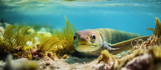 Marine life in the Underwater world of Bonaire green moral eel bandit shrimp and trunk fish in one single tank scuba diving Underwater macro photography. Creative Banner. Copyspace image