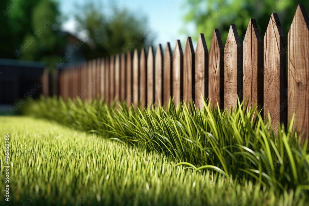 Poster A detailed close-up view of a wooden fence in a lush green grassy area. Perfect for adding a touch of rustic charm to any project or design