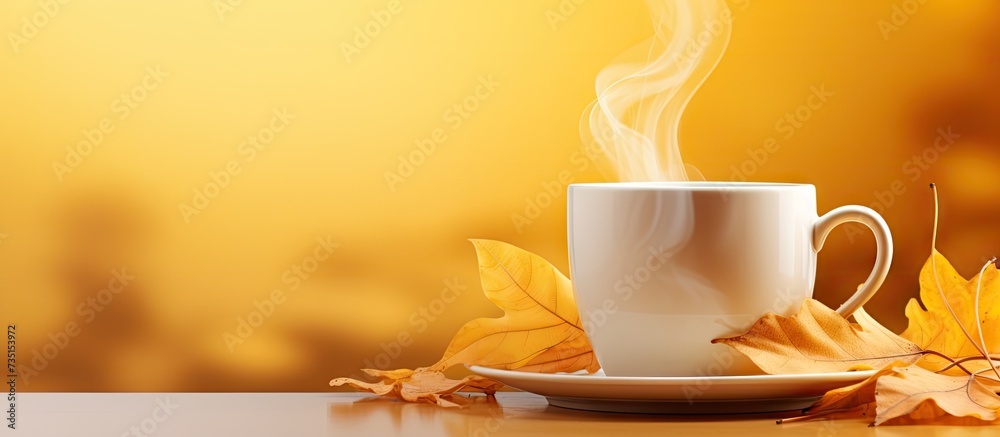 Poster yellow mug with hot drink tea coffee on bright background with an autumn leaf and text hello autumn.