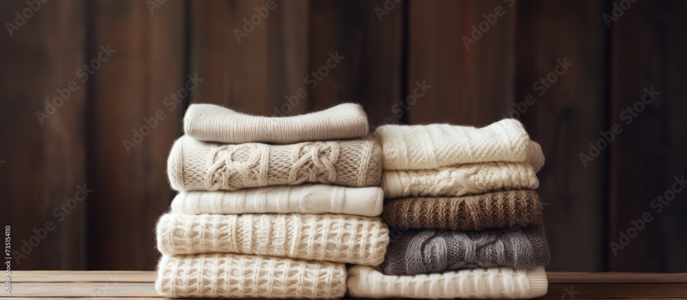 Poster stack of white cozy knitted sweaters on a wooden table faded retro style image. creative banner. cop