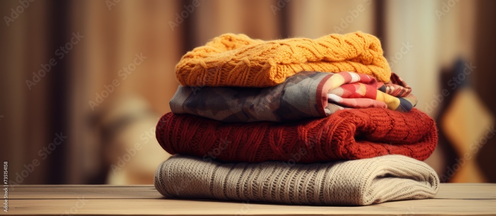 Poster pile of knitted woolen sweaters autumn colors on wooden table clothes with different knitting patter