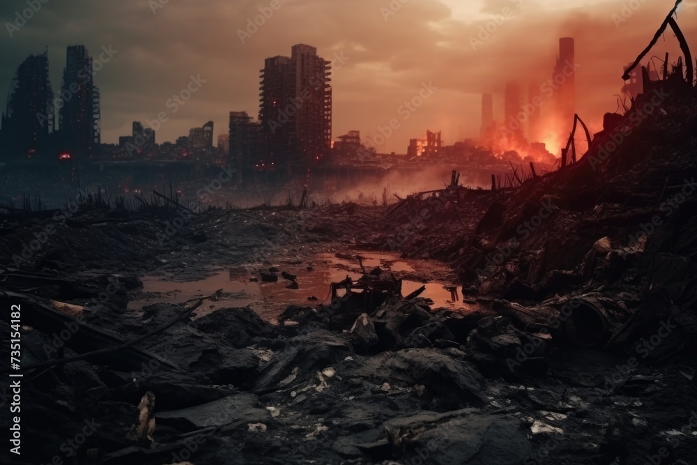 Aufkleber a cityscape featuring a large amount of rubble in the foreground. perfect for illustrating destructi