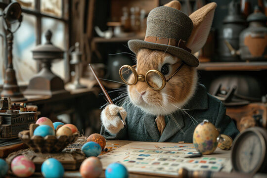 Easter artist bunny painting colorful easter eggs in his steampunk styled workshop