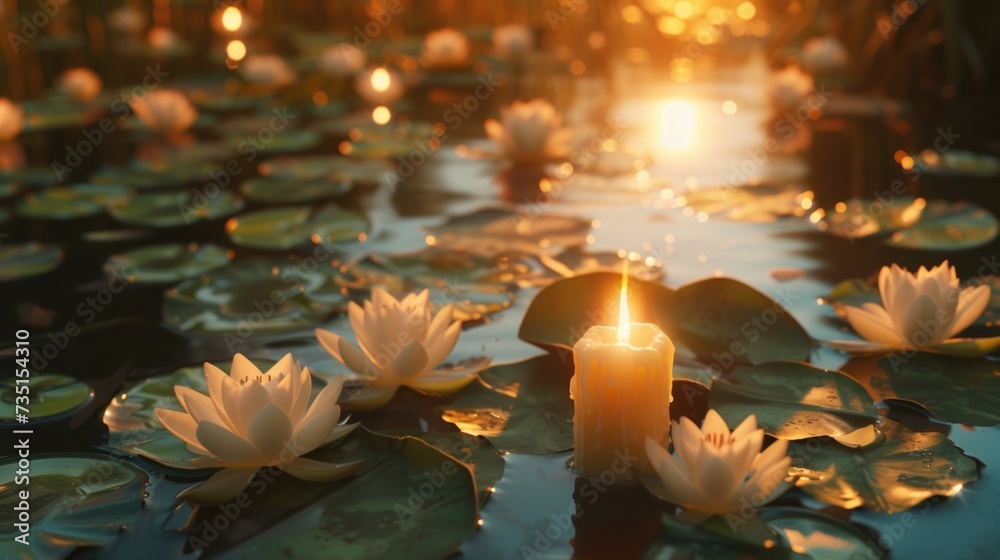 Aufkleber a lit candle sitting on top of a pond of water lilies. suitable for serene and calming concepts