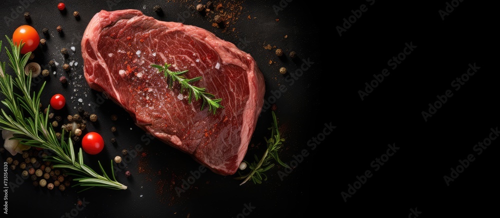 Poster steak ribeye black angus medium rare beef with spice vertical image top view place for text. creativ