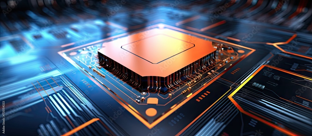 Leinwandbilder Microchip close up on futuristic technological background Analysis and scanning of the chip Central Computer Processors CPU concept Digital chip Quantum computer large data processing database