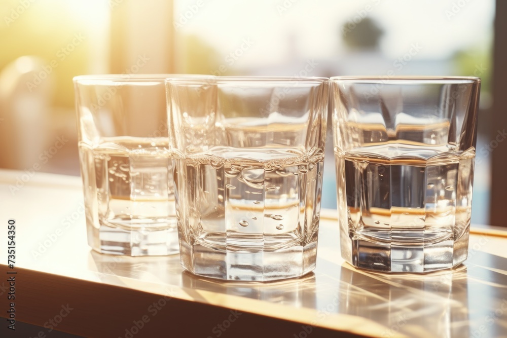 Poster three glasses of water sitting on a table. suitable for various concepts and themes