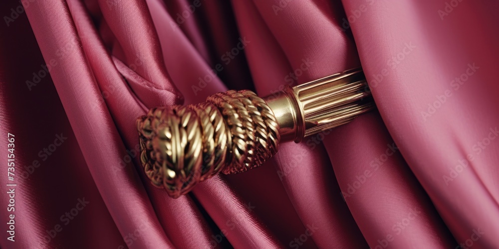 Aufkleber A close-up view of a curtain with a gold ring. This image can be used to add a touch of elegance to interior design projects or to depict privacy and secrecy