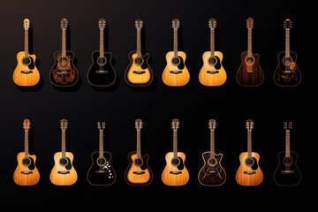 A collection of guitars sitting next to each other. Perfect for music-related designs and...