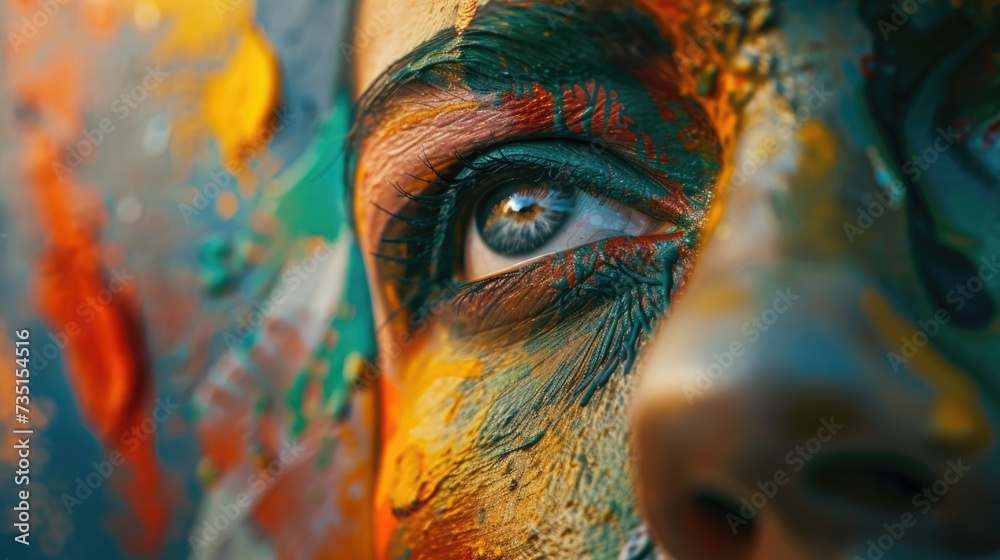 Poster A close-up view of a person's face with vibrant paint applied. This image can be used for creative projects, makeup tutorials, or artistic promotions