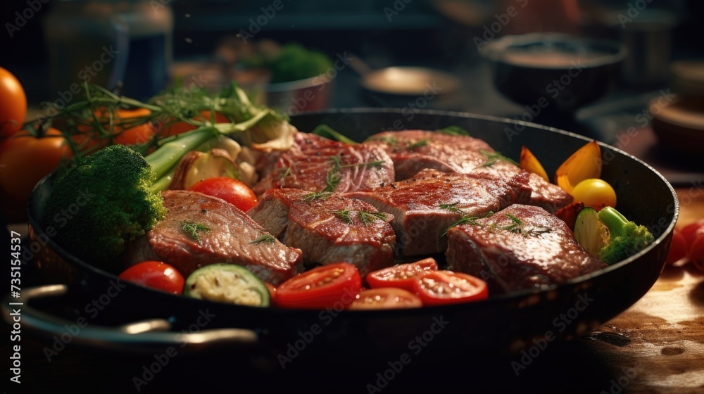 Poster a pan filled with meat and vegetables placed on top of a wooden table. ideal for food and cooking re