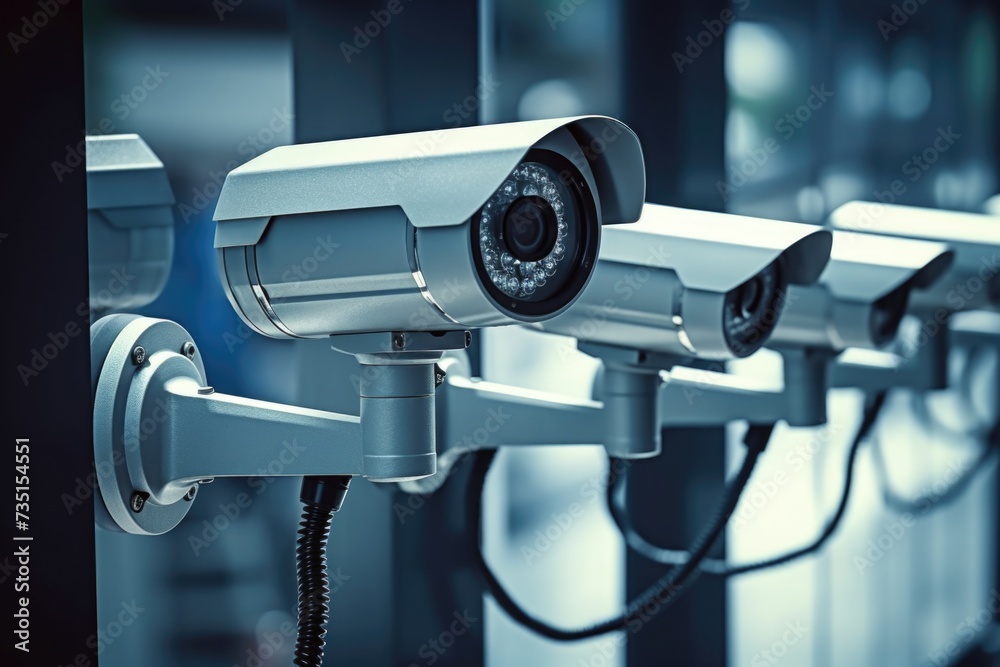 Poster a row of surveillance cameras mounted on the side of a building. this image can be used to depict se