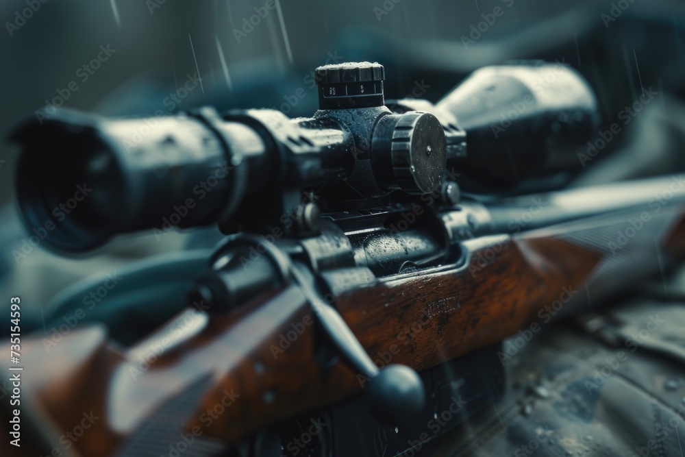 Aufkleber a close-up view of a rifle with a scope attached. this image can be used to depict firearms, hunting
