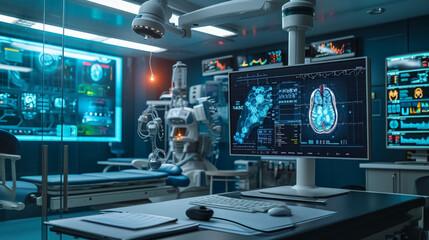 Leading the charge in medical innovation, this scene captures the essence of futuristic healthcare with AI and high-tech equipment, defining the next generation of medical diagnostics. - obrazy, fototapety, plakaty