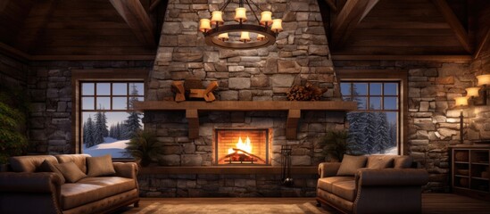Stone fireplace in a stylish and rustic cabin lodge living room den area with pine built in chandelier and view of the upstairs. Creative Banner. Copyspace image - obrazy, fototapety, plakaty