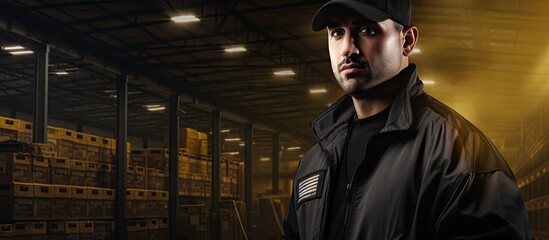 Security guard using portable radio transmitter in wholesale warehouse space for text. Creative Banner. Copyspace image