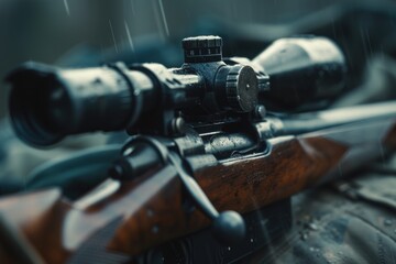 A close-up view of a rifle with a scope attached. This image can be used to depict firearms, hunting, military equipment, or precision shooting - obrazy, fototapety, plakaty
