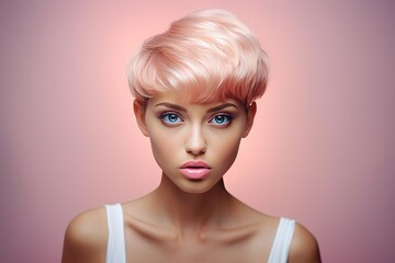 Fashion poster of young beautiful girl model with short pink hair on solid pink background