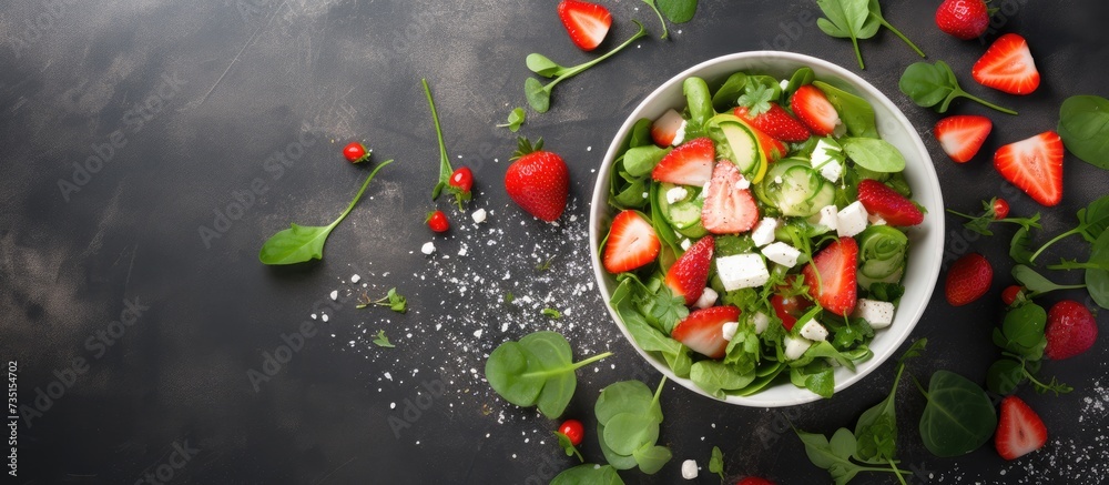 Poster strawberry spinach cucumber feta cheese salad top view copy space flat lay. creative banner. copyspa