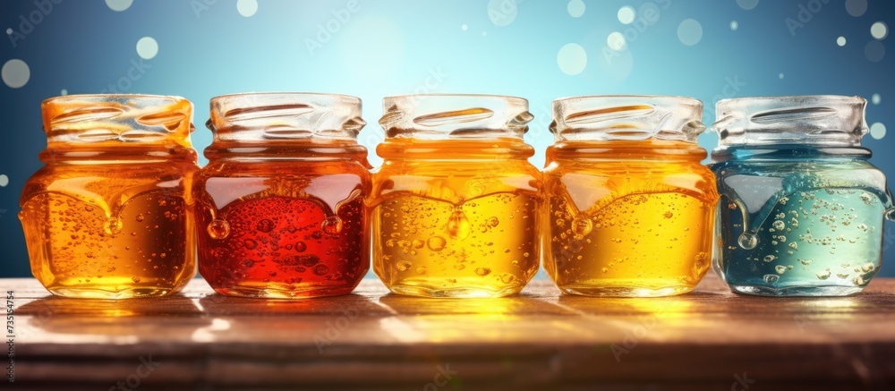 Poster thick and sweet honey mixed from different types of honey of different colors with air bubbles close up of natural flower honey with noticeable specific properties density and stringiness