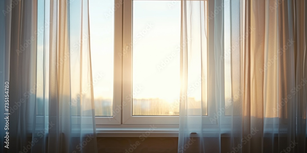 Poster Sunlight shining through a window with sheer curtains. This image can be used to depict a peaceful and serene atmosphere