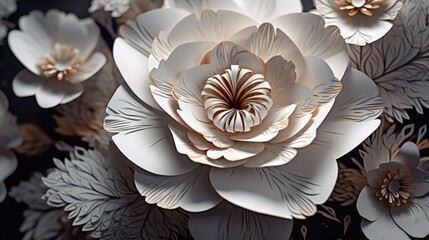 A close-up view of a paper flower on a table. This image can be used for various creative projects and crafts