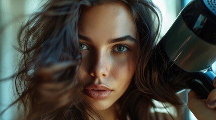 A woman blow drying her hair with a blow dryer. Suitable for beauty and hair care-related content