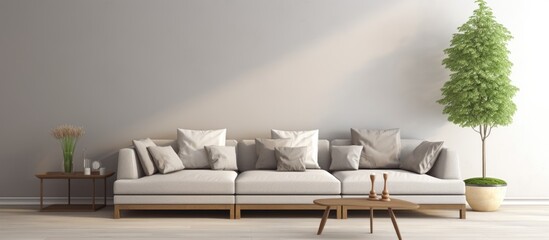 Fototapeta na wymiar The Stylish Spacious Luxury Interior Design of Living Room with Design Gray Sofa Coffee Table Decoration Pillows in Modern Home Decor Modern Living Room. Creative Banner. Copyspace image
